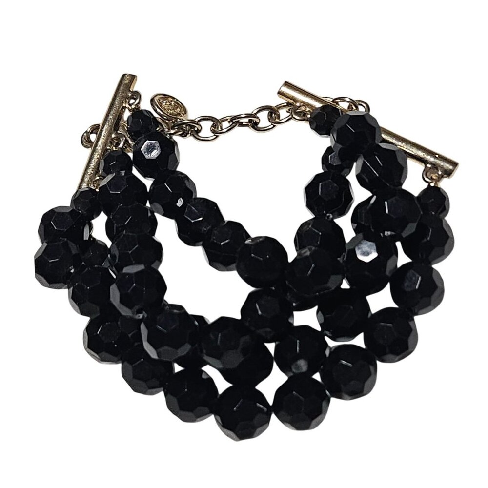 Elegant Black Beaded Bracelet Multi Strand Gold Tone Chain Toggle Clasp Jewelry